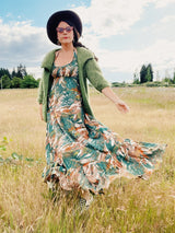 green and brown printed maxi length halter dress cotton vintage 1970's