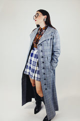 ankle length navy and grey plaid print trench coat vintage 1970's