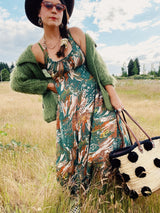 green and brown printed maxi length halter dress cotton vintage 1970's