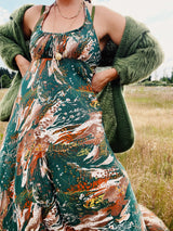 green and brown printed maxi length halter dress cotton vintage 1970's