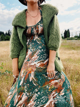 pea green mohair open cardigan with back flap and front pockets vintage women's 1960's