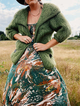 pea green mohair open cardigan with back flap and front pockets vintage women's 1960's