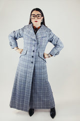 ankle length navy and grey plaid print trench coat vintage 1970's