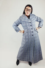 ankle length navy and grey plaid print trench coat vintage 1970's