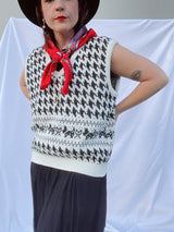 sleeveless sweater vest in white and black with houndstooth print and dog print vintage