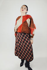 brown cream and red plaid ankle length wool plaid wrap skirt vintage