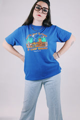 short sleeve blue graphic tee vintage 1980's campfire scene