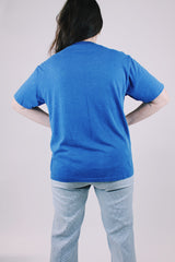 short sleeve blue graphic tee vintage 1980's campfire scene