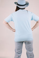 short sleeve baby blue graphic tee happy trails oregon slugs singing with cowboy hats