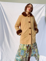 long sleeve tan ribbed coat with brown fur trim vintage women's 1960's
