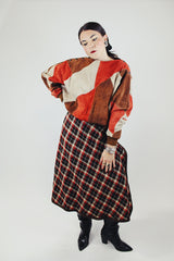 long sleeve suede pullover sweater in orange brown and cream print vintage 1980's