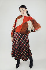 long sleeve suede pullover sweater in orange brown and cream print vintage 1980's