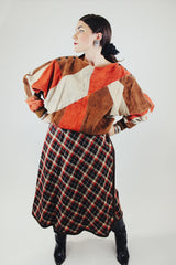 long sleeve suede pullover sweater in orange brown and cream print vintage 1980's