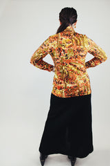long sleeve abstract printed button up blouse with pointy collar vintage 1960's