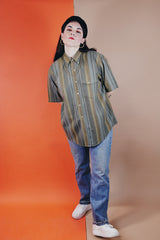 Men's or women's vintage 1960's Macy's, Supre-Macy label short sleeve button up shirt in a wool and nylon blend material with vertical stripes in various shades of green