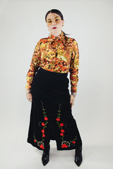 ankle length black wool skirt with floral embroidery vintage 1970's