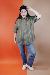 Men's or women's vintage 1960's Macy's, Supre-Macy label short sleeve button up shirt in a wool and nylon blend material with vertical stripes in various shades of green