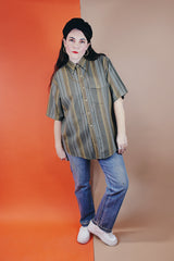 Men's or women's vintage 1960's Macy's, Supre-Macy label short sleeve button up shirt in a wool and nylon blend material with vertical stripes in various shades of green