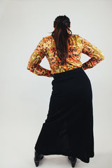 ankle length black wool skirt with floral embroidery vintage 1970's