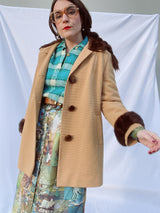 long sleeve tan ribbed coat with brown fur trim vintage women's 1960's