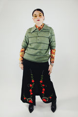 short sleeve pullover wool sweater with collar and half button closure green stripes vintage 1960's