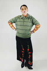 short sleeve pullover wool sweater with collar and half button closure green stripes vintage 1960's