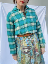 long sleeve wool pullover sweater with collar and two buttons closure in blue and white plaid print vintage 1970's