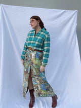 long sleeve wool pullover sweater with collar and two buttons closure in blue and white plaid print vintage 1970's