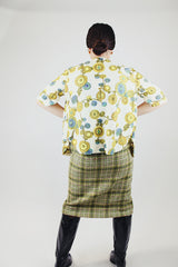 short sleeve printed button up blouse in cream vintage 1960's