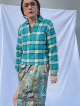 long sleeve wool pullover sweater with collar and two buttons closure in blue and white plaid print vintage 1970's