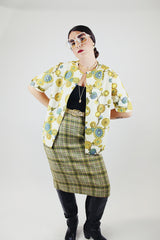 short sleeve printed button up blouse in cream vintage 1960's