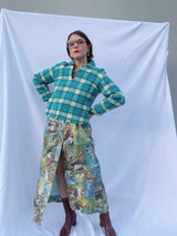 long sleeve wool pullover sweater with collar and two buttons closure in blue and white plaid print vintage 1970's