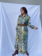 long sleeve shirt dress with collar in a fun abstract print 1960's vintage women's