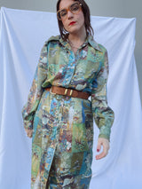 long sleeve shirt dress with collar in a fun abstract print 1960's vintage women's