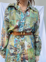 long sleeve shirt dress with collar in a fun abstract print 1960's vintage women's