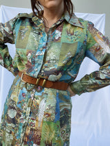 long sleeve shirt dress with collar in a fun abstract print 1960's vintage women's