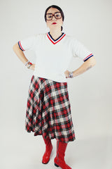 tartan plaid printed knee length wool skirt in red white and green vintage 1970's