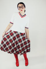 tartan plaid printed knee length wool skirt in red white and green vintage 1970's