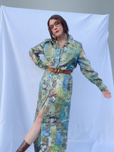long sleeve shirt dress with collar in a fun abstract print 1960's vintage women's