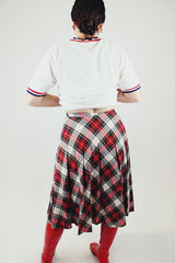 tartan plaid printed knee length wool skirt in red white and green vintage 1970's