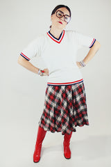 white velour short sleeve pullover sweater with striped trim vintage 1960's