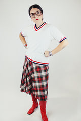 white velour short sleeve pullover sweater with striped trim vintage 1960's