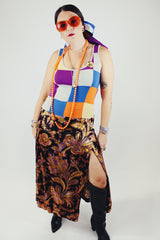 paisley printed velvet wrap skirt vintage 1970's ankle length