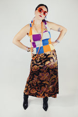 paisley printed velvet wrap skirt vintage 1970's ankle length