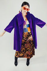 purple velvet coat with 3/4 arm length buttons up the front and attached neck tie vintage women's 1960's