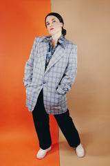Men's vintage 1970's Montgomery Ward polyester double breasted blazer in a grey and blue plaid print.