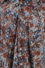 Men's vintage 1970's JCPenney label long sleeve button up shirt with a pointy collar in a slinky and lightweight Polyester material. Light blue, grey, and terracotta all over abstract print.