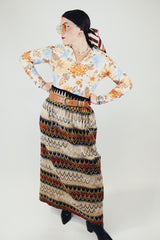 long sleeve floral printed blouse with collar and v neck vintage women's 1970's