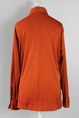 Men's vintage 1970's Joel California label long sleeve button up polyester material shirt in a rich burnt orange.