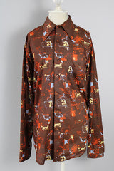 Men's or women's vintage 1970's Knit Collection, Bonds label long sleeve brown polyester material button up shirt with pointy collar with all over abstract print.